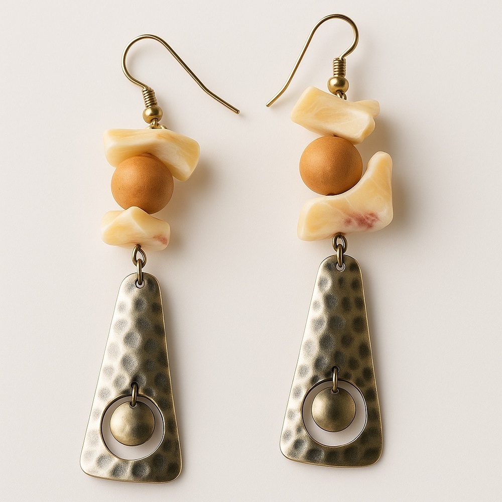 Earrings Pierced Dangles Silver Tan Cream Boho Gypsy Vintage Fishhook